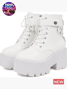 Platform Combat Boots with Wedge Heel, Lace Up & Zip, Punk Chain Shoes